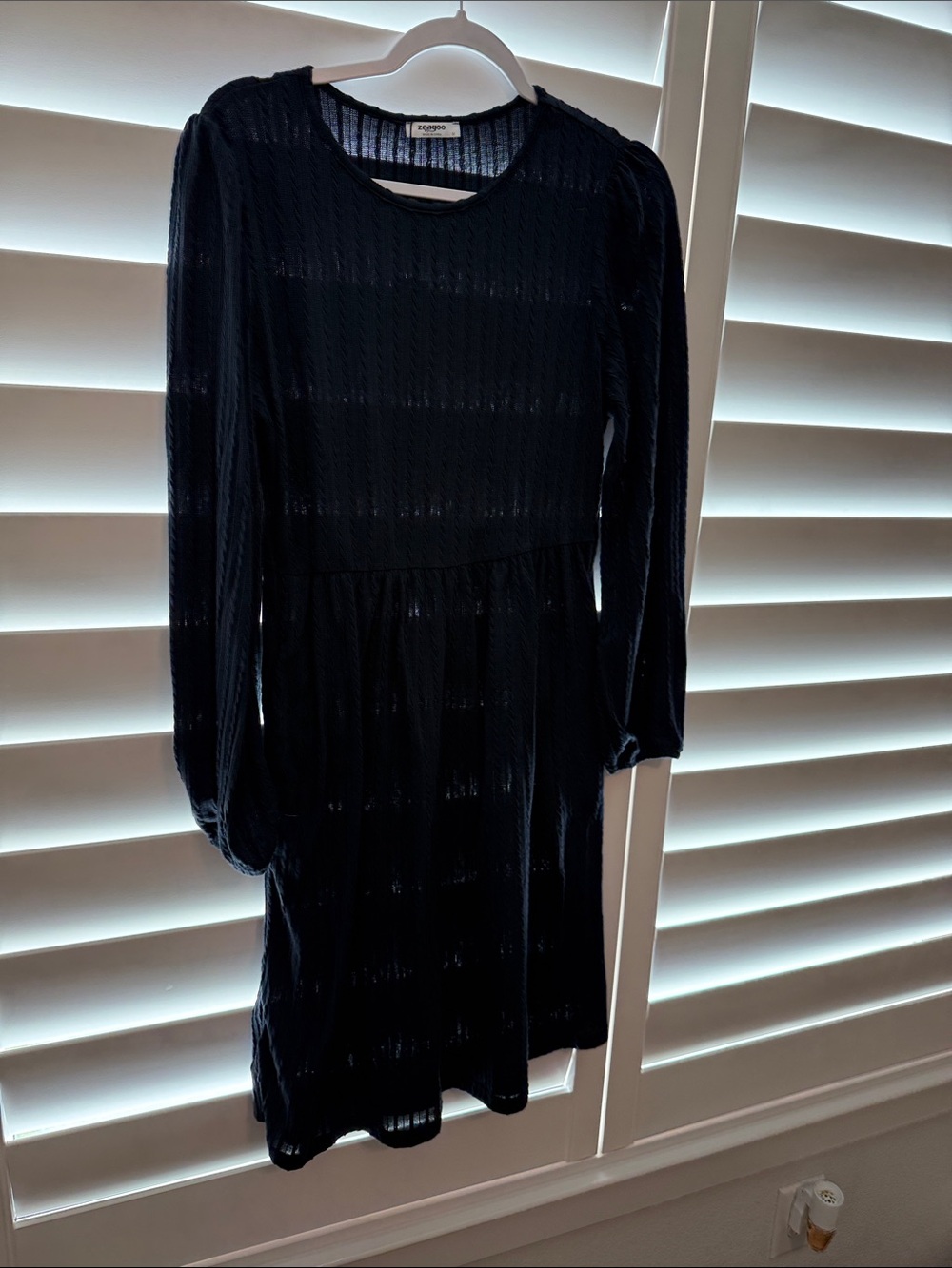 Mango Navy Textured Long-Sleeve Midi Dress